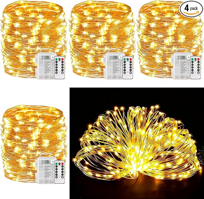 33Ft String Lights Battery Operated with Remote Control Timer, 100LED 4 Pack Waterproof 8 Modes Copper Wire Twinkle Fairy Lights for Bedroom Indoor Outdoor Wedding Dorm Christmas Decorations