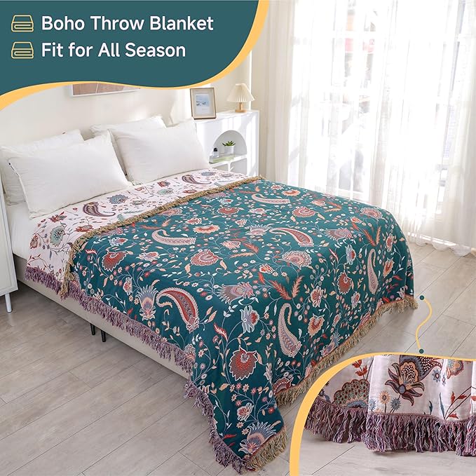 Boho Large Cotton Throw Blanket 80''x90'',Ultra Soft Rustic Quilt,Sofa Throw Cover with Tassels,Farmhouse Lightweight Woven Throw for Bed,Travel,Couch,Home Decor