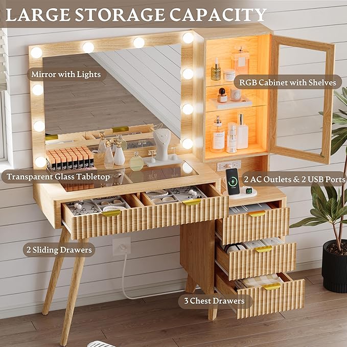 Fluted Vanity Desk with Mirror and Lights, 45" Glass Top Makeup Table Set with 5 Drawers, Power Outlet & Storage Cabinet, Large Dressing Table with RGB Ambient Light for Bedroom Women Girls, Oak