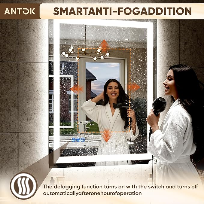 Antok 30"x 36" LED Bathroom Mirror with Lights, Anti-Fog, Dimmable, Lighted Vanity Mirror with Tempered Glass, Memory Function, 3 Light Modes, Safe Use, Horizontal, Vertical, Wall Mount