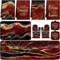 Fourluoo 10 Pcs Kitchen Dish Towels Rugs Oven Mitts and Pot Holders Kit Farmhouse Kitchen Decor Set Gloves Vintage Potholders for Baking Cooking Chef(Red,Modern)