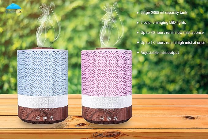 BlueHills Premium Set of 2 2500 ML Large Essential Oil Diffusers for Large Rooms High Mist Output XL Capacity 2.5 L Liter Humidifier Cool Mist Great Gift – Value Pack Dark Wood Grain