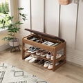 Shoe Rack Bench with Hidden Storage, 2-Tier Solid Rubberwood Entryway Bench with Soft Leather Cushioned Seat & Flip-Top Storage, 330lbs Capacity, Wooden Shoe Organizer for Hallway, Closet, Foyer