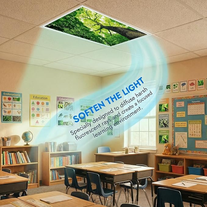 Fluorescent Light Covers for Ceiling Lights -Magnetic Cloud Cover for Fluorescent Or LED Fixture 2ft x 4ft Classroom,Home,Office Decoration Filters Overhead Lighting- Towering trees