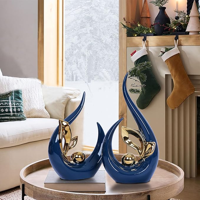 2 PCS Navy Blue Gold Home Decor Accent Ceramic Statue Abstract Sculpture Centerpieces Mid Century Modern Decor for Tables Coffee Table top Decorations for Living Room Desktop Shelf Dining Room Kitchen