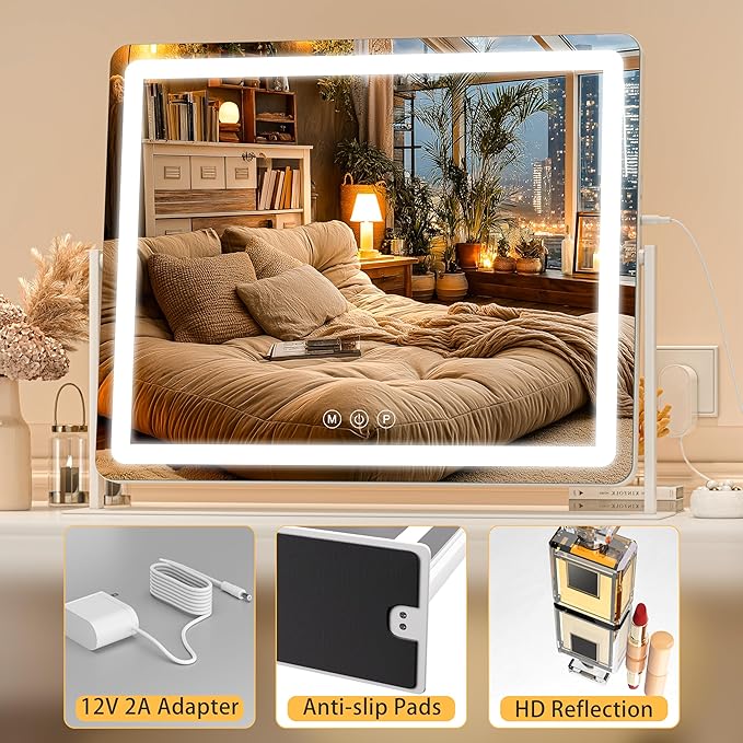 Large Vanity Mirror with Lights 29.5'' x 22'' - Touch Screen Hollywood Makeup Mirror, 3 Color Modes + Dimmable LED Lighting, Premium Aluminum Frame for Dressing Table & Bathroom