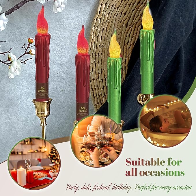 Christmas Metallic Red Green Flameless Short Taper Candles, Hand Dipped LED Battery Operated with Remote, Flickering Flame Lights for Home Décor, 6.7 Inch Primitive Flameless Candles, 4PCS