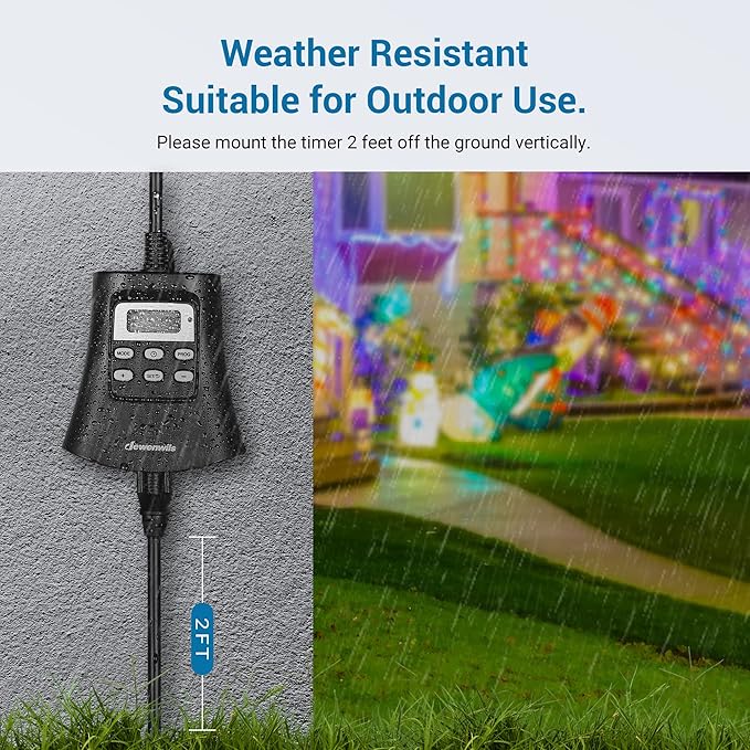 DEWENWILS Outdoor Digital Timer for Lights, 7-Day Programmable Plug in Timer with 3 Grounded Outlets for Landscape String Light, 15A, 1/3 HP UL Listed