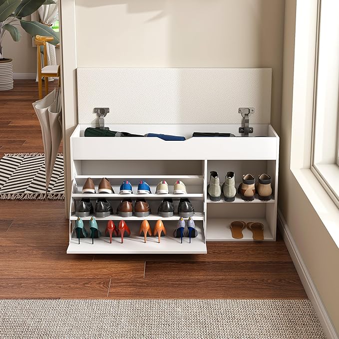 Entryway Bench with Shoe Storage,Adjustable 3-Tier Flip-Up Drawers & Hidden Cabinet,Space-Saving Shoe Organizer,Triple Storage and Modern Design for Hallway and Living Room