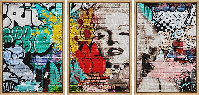 wall26 Framed Canvas Print Wall Art Set Urban High Contrast Marilyn Monroe Portrait Graffiti & Street Art People Illustrations Pop Art Colorful for Living Room, Bedroom, Office - 24"x36"x3 Natural