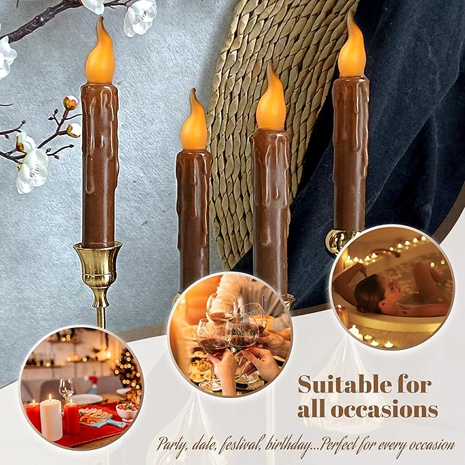 Brown Flameless Short Taper Candles, Real Wax Hand Dipped LED Battery Operated with Remote, Flickering Flame Lights for Festival Party Home Décor, 6.7 Inch Primitive Flameless Candles, 4PCS