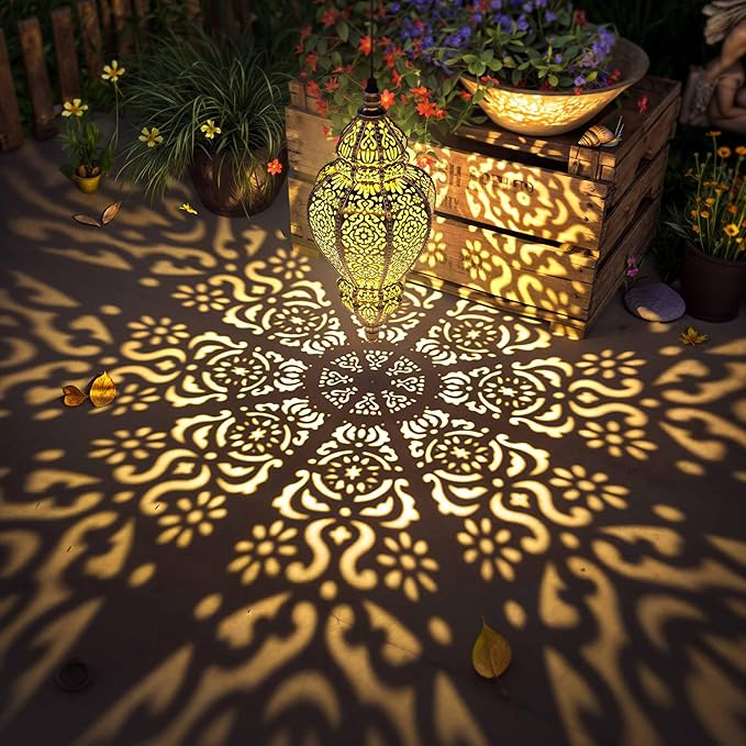 Moroccan Hanging Solar Lights Outdoor Lantern Bidirectional Availabili Garden Decor Waterproof Plastic Gold Decorations for Patio Pathway Yard Backyard Solar Powered Garden Decorative (2, gold)