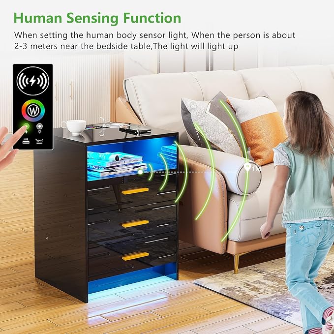 HNEBC Black Nightstand with Wireless Charging Station and Lights, 3 Drawers, Modern Bedside Table with Human Sensor for Bedroom