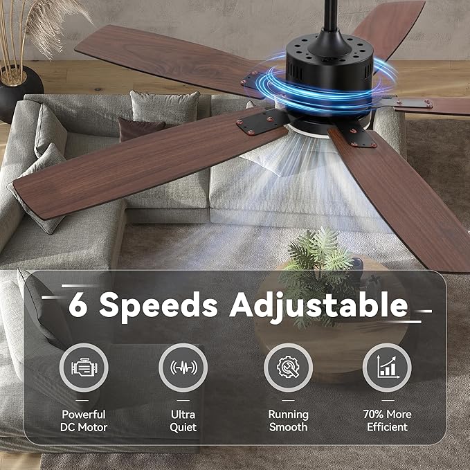 SUNMORY 52" Ceiling Fans with Lights, Smart Ceiling Fan with APP and Remote Control, Reversible DC Motor, Noiseless, Stepless Dimmable, Modern Ceiling Fan for Indoor/Outdoor Use, Black