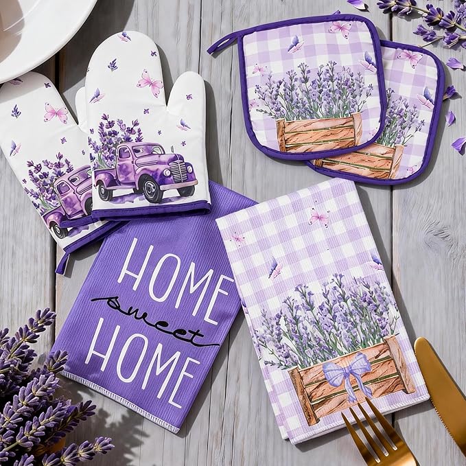 8 Pcs Lavender Spring Kitchen Towels Pot Holders and Oven Mitt Set Kitchen Accessories 4 Dish Towels 2 Absorbent Square Potholders 2 Heat Resistant Glove for Cooking Baking Home Gifting