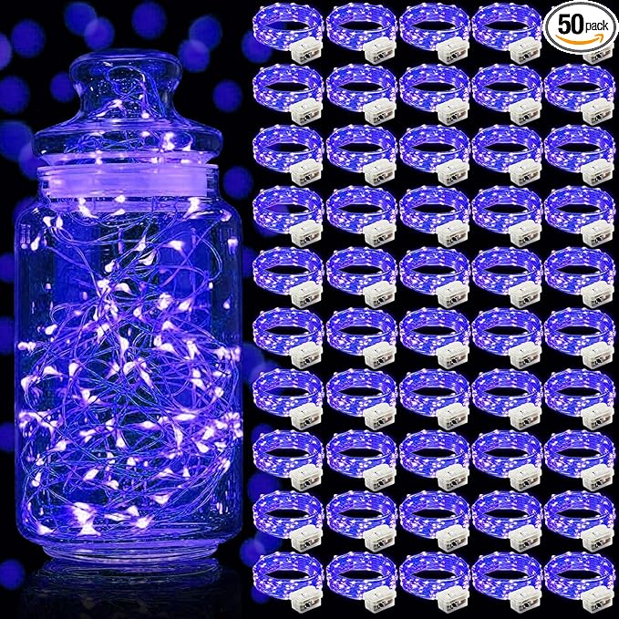 Aogist 50 Pack Fairy Lights 3 Modes 7ft 20 LED Waterproof,Battery Operated Silver Wire Firefly Starry Moon Mini String Lights for Mason Jars Christmas DIY Crafts Wedding Party Bedroom,Blue