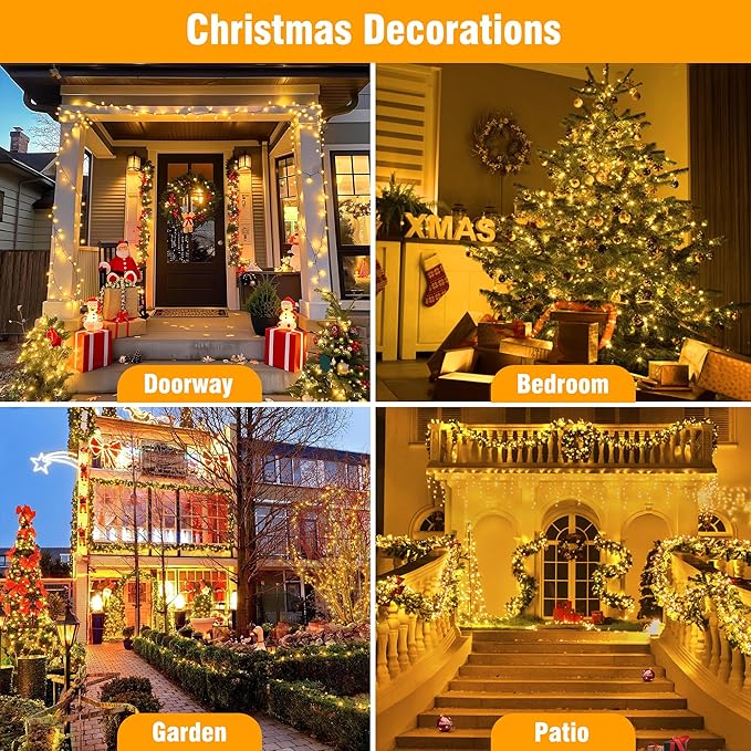 Connectable Christmas String Lights 66FT 200 LED 8 Modes with Timer Decorative String Lights for Xmas Tree Patio Party Warm White