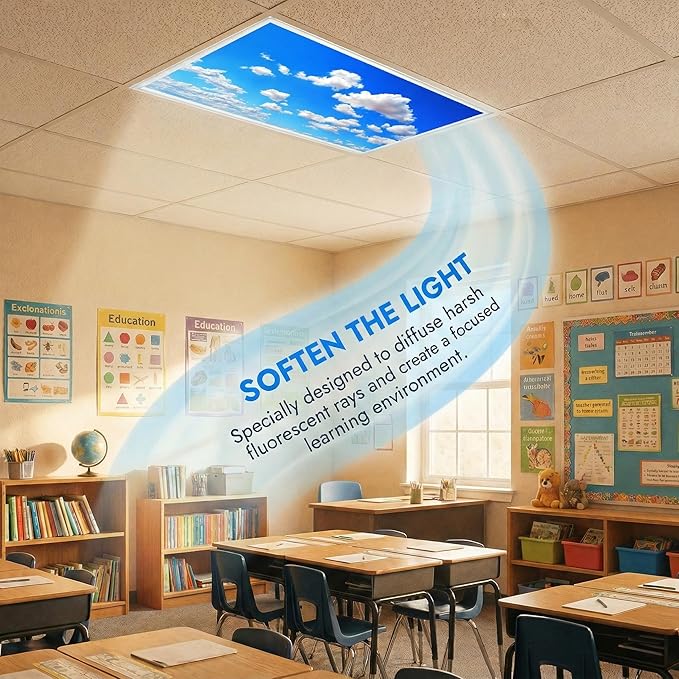 Fluorescent Light Covers for Ceiling Lights -Magnetic Cloud Cover for Fluorescent Or LED Fixture 2ft x 4ft Classroom,Home,Office Decoration Filters Overhead Lighting.Blue Sky and White Clouds