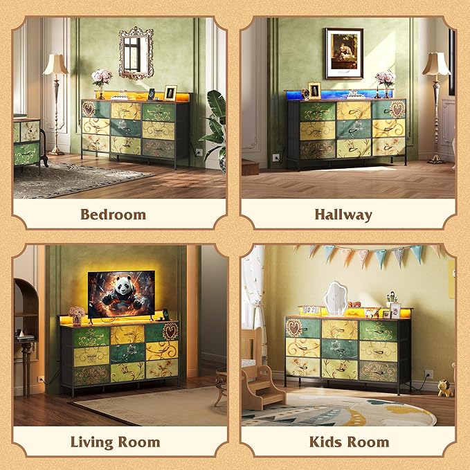 WLIVE Dresser TV Stand for 45, 50, 55 inch TV, Entertainment Center with LED Lights & Charging Station, Chest of Drawers with 9 Fabric Drawers and Open Shelves for Living Room, Hallway, Floral Painted