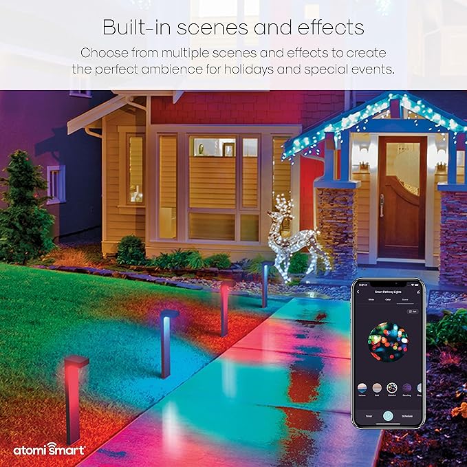Atomi Smart WiFi LED Pathway Lights— 4-Pack Starter Kit, 800 Lumens, Tunable, Dimmable, Link up to 40 Lights, IP65-Rated, White and RGB 2500K-9000K, App Control, Works with Alexa and Google Assistant