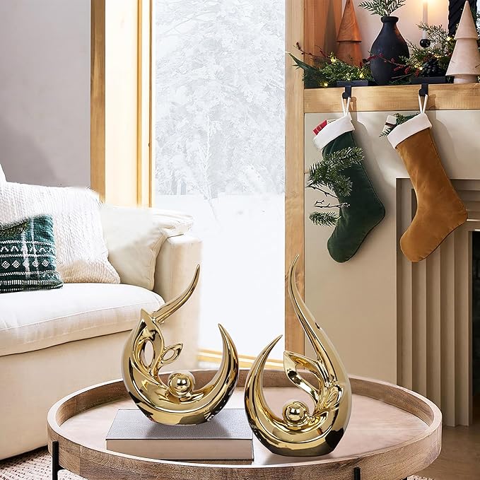 2 PCS Gold Home Decor Accent Ceramic Statue Abstract Sculptures Centerpieces Mid Century Modern Decor for Tables Coffee Table top Decorations for Living Room Desktop Shelf Dining Room Kitchen