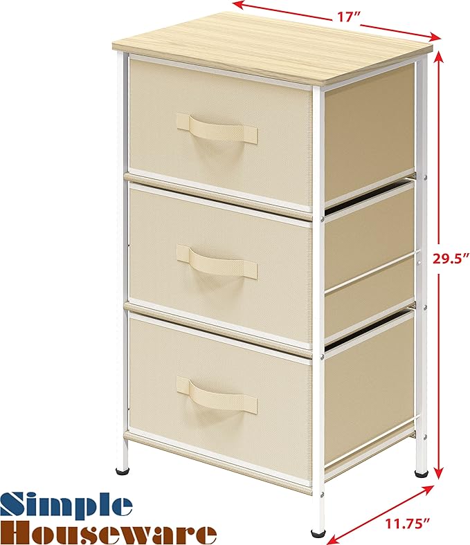 Simple Houseware 3 Drawer Nightstand Dresser with Wood Top, Beige