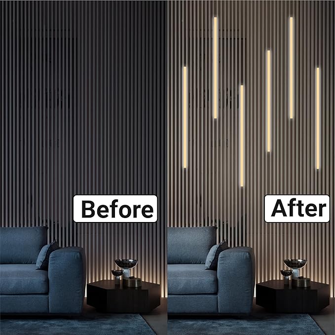 HAMRVL LED Wall Panel Lights - DC12V 6pcs 16-Inch 3000K Warm White Slat Wall Lights for Wood Wall Panels, Adhesive Dimmable LED Strip Lights with Touch Switch for Acoustic Panels, Headboards, Cabinets