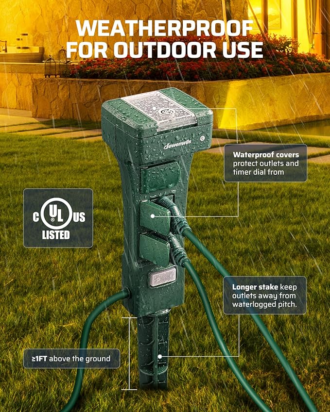 DEWENWILS Outdoor Power Stake Timer Waterproof, 100FT Range Remote Control Outlet Timer, 6 Grounded Outlets 6FT Cord, Photocell Dusk to Dawn, for Lights, Garden, 1875W/15A UL Listed