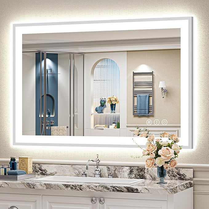 48x32 Brushed Nickel LED Bathroom Mirror with Lights, Sliver Framed Backlit and Front Lit Anti-Fog Lighted Vanity Mirrors for Bathroom Wall, Dimmable, 3 Colors, Memory, Tempered Glass, CRI＞90