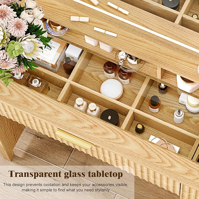 Makeup Vanity Desk with Mirror and Lights, 43.3'' Glass Tabletop Vanity Table with 5 Drawers & Shelves,Big Vanity Set for Bedroom, Oak