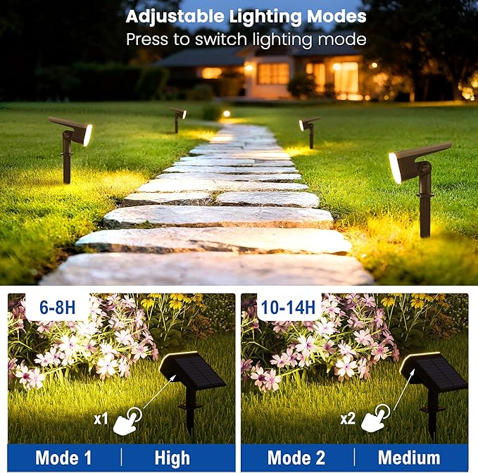 Solar Lights Outdoor Waterproof IP65,Auto On/Off, 2700K 2 Lighting Modes, Super Bright LED, Solar Powered Yard Garden Solar Spot Lights for Outside Landscape -8 Pack
