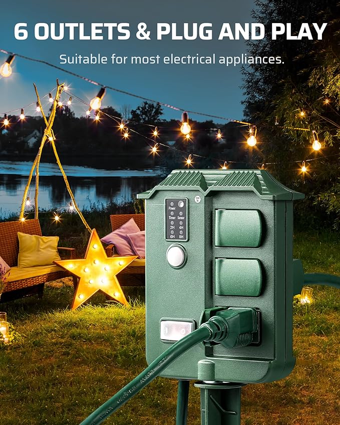 DEWENWILS Outdoor Power Stake Timer, Waterproof Outdoor Timer with 25FT Extension Cord, 100FT Range Remote Control, Photocell Dusk to Dawn Outlet for Lights, Yard, Garden, UL Listed