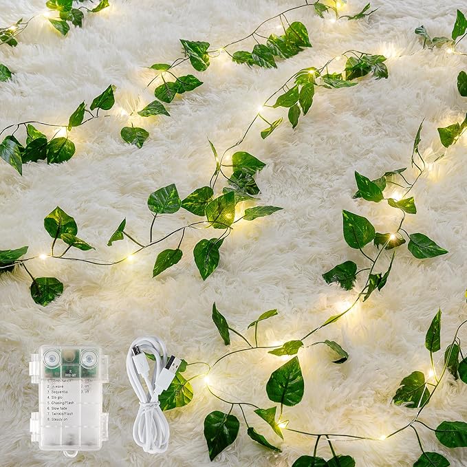 woohaha Vine with Fairy Lights,23ft 73LED Ivy String Light with Battery Operated,Leaf Light for Bedroom, Room, Wall, Garden, Party, Wedding Decor (Warm White)
