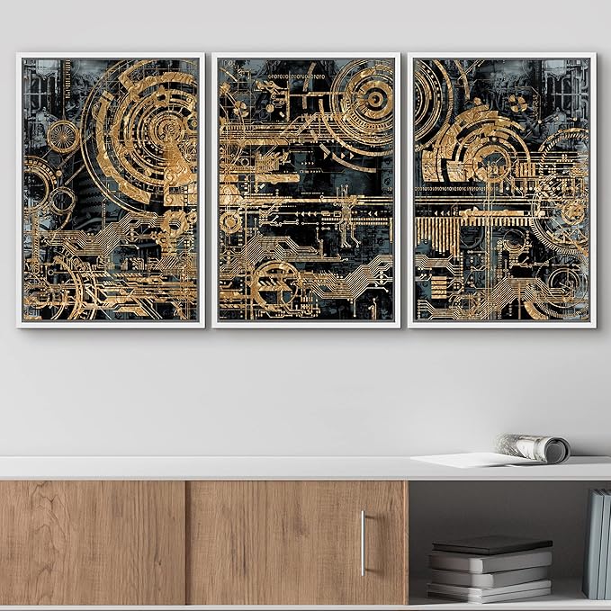 wall26 Framed Canvas Print Wall Art Set Electronic PC Motherboard Circuit Collage Abstract Technology Digital Art Modern Art Alternative Shapes for Living Room, Bedroom, Office - 24"x36"x3 White