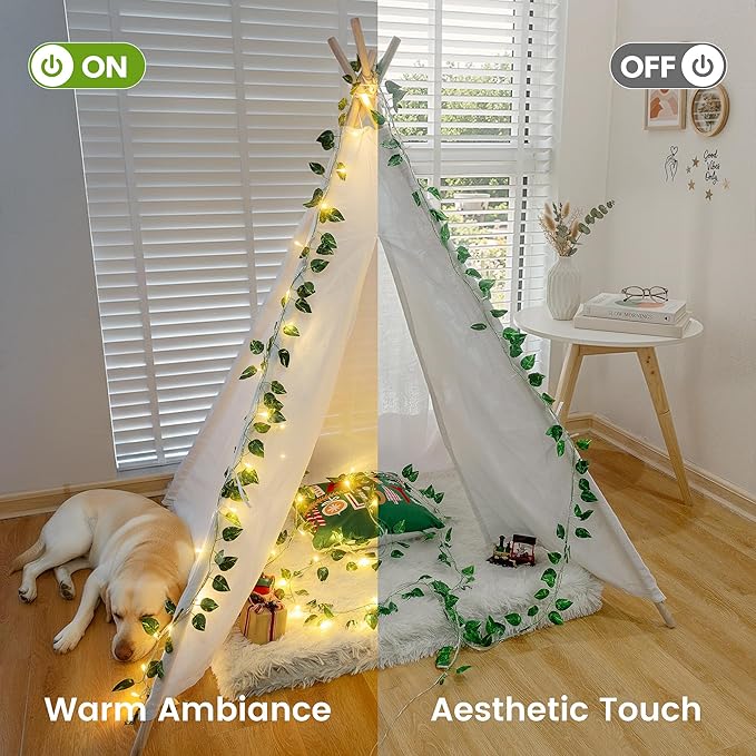 Vine String Lights Plug in, 23FT 73 LED Vines with Fairy Lights, Faux Pothos Leaf Garland with Light for Bedroom, Dorm Room, Wedding, Party & Home Decor, Warm White