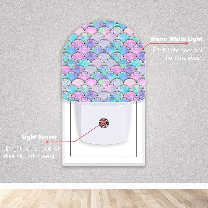Pink Mermaid Fish Scales Night Lights Plug into Wall for Girls Boys Room,Night Light LED Lamp Dusk to Dawn Sensor Round Lamp for Bedroom Bathroom Hallway Home Wall Decor