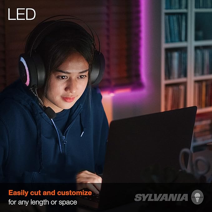 Sylvania 32ft RGB Flexible Light Strip Starter Kit, 16 Dimmable Colors with IR Remote Control, Power Adapter, Clips, White - 1 Pack (65636)