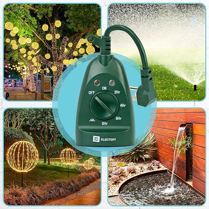 Outdoor Timer Outlet 2-Pack, Green Waterproof Dusk-to-Dawn Plug-in with Light Sensor, 24-Hour Mechanical Countdown, Heavy-Duty 15A UL Listed for Garden, Pool Pump, Holiday Lights