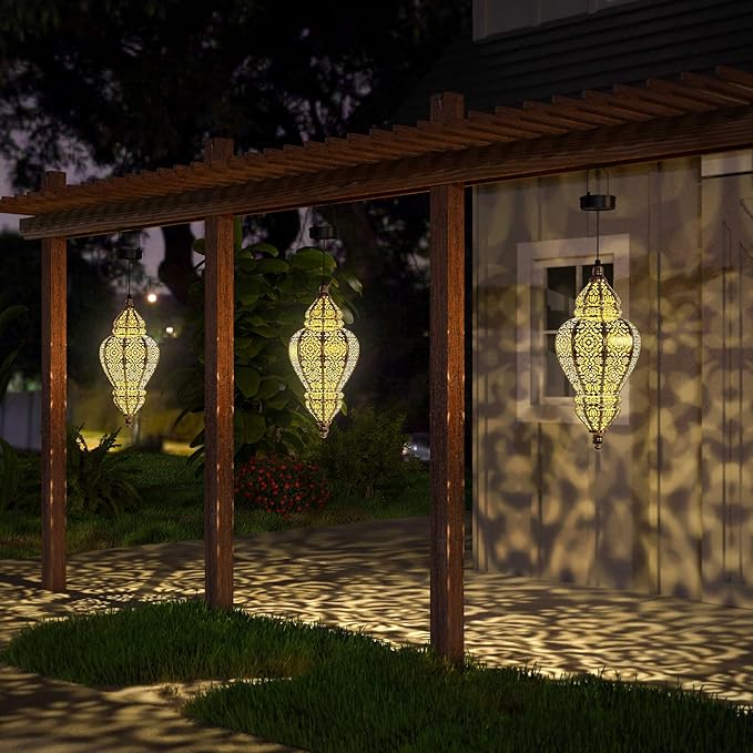 Moroccan Hanging Solar Lights Outdoor Lantern Bidirectional Availabili Garden Decor Waterproof Plastic Gold Decorations for Patio Pathway Yard Backyard Solar Powered Garden Decorative (1, gold)