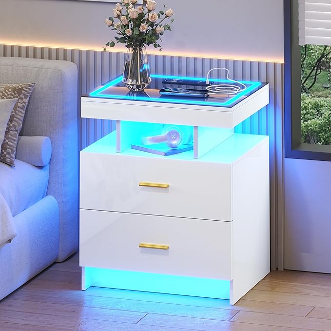 LED Nightstand with Wireless Charging Station,White Night Stand with 2 Drawers,Glass Top Smart Bedside Table,Modern End Table Side for Bedroom,Living Room,Office