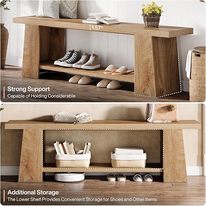 Tribesigns 2-Tier Entryway Bench, 59-Inch Extra Long Shoe Bench with Storage Shelves, Wood End of Bed Seat, Farmhouse Hallway Foyer Seat with Open Shelves for Entryway, Bedroom, Living Room, Natural