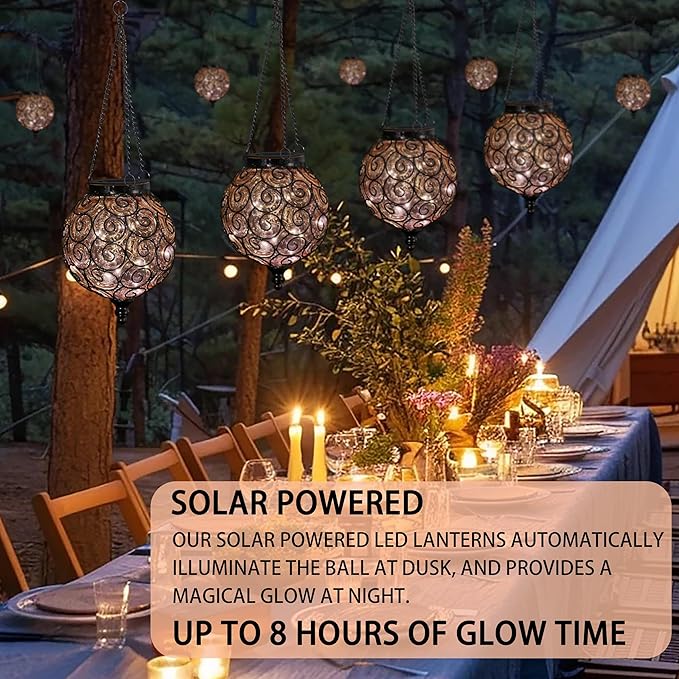 Solar Hanging Lantern Outdoor Garden Lights, Round Glass and Metal Hanging Lantern, 15 Firefly LED Lights, 7 x 20 Inch, Amber