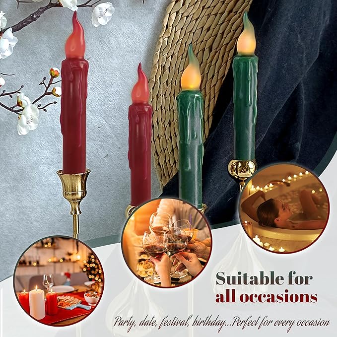 Christmas Red Green Flameless Short Taper Candles, Real Wax Hand Dipped LED Battery Operated with Remote, Flickering Flame Lights for Home Décor, 6.7 Inch Primitive Flameless Candles, 2PCS