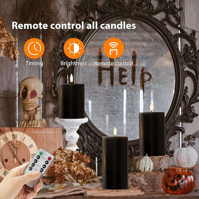 Black Flameless Candles, Halloween Candles with Remote, Battery Operated Gothic LED Candles, Real Wax Flickering Flameless Pillar Candles for Home, Party, Halloween, 3 Pack