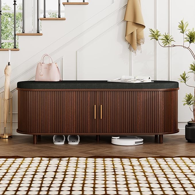 Entryway Bench with Storage: 51.2" Wooden Bedroom Shoe Bench with Thickened Padded Seat Cushion, Mid Century Modern Fluted Sliding Door and Adjustable Shelf, for Entryway, Living Room