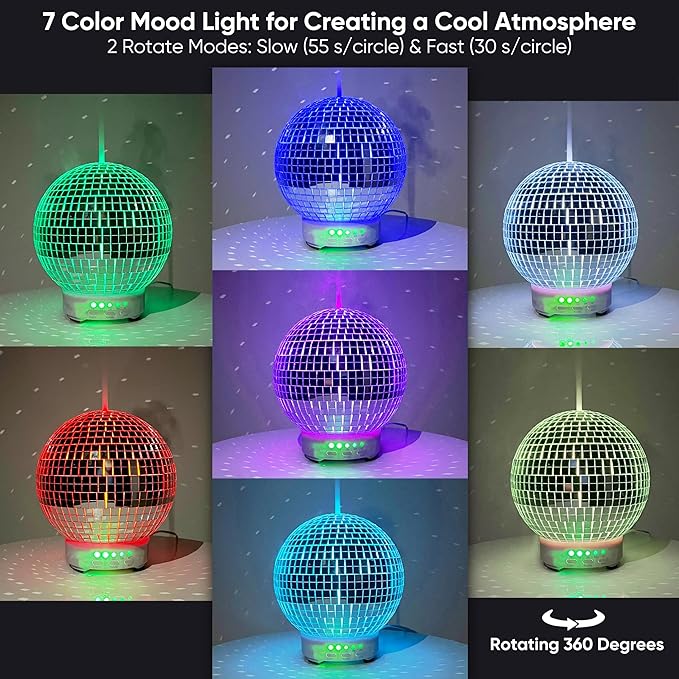 SCANDINORDICA Disco Ball Diffuser - Original Rotating Disco Essential Oil Diffuser with Whisper Quiet Operation, 14 Color Night Light & 4Time Settings | Cute Eclectic Home Decor for Medium Room Silver