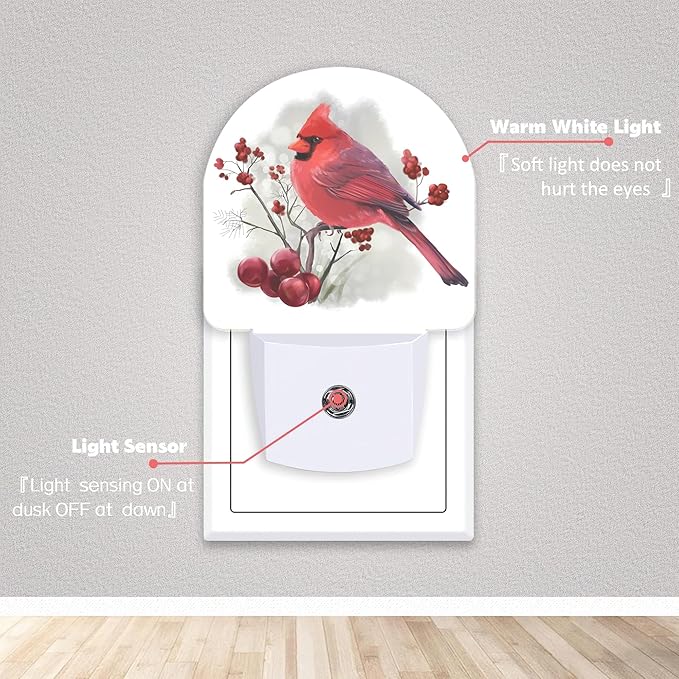Bird Cardinal Night Lights Plug into Wall for Girls Boys Room,Night Light LED Lamp Dusk to Dawn Sensor Round Lamp for Bedroom Bathroom Hallway Home Wall Decor (Bird Cardinal)