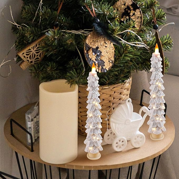 Christmas Tree Candles Surrounded by Fairy Lights, LED flameless Candle Lights with Remote Control Timing Function. White
