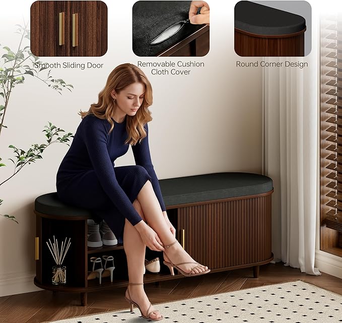 Entryway Bench with Storage: 51.2" Wooden Bedroom Shoe Bench with Thickened Padded Seat Cushion, Mid Century Modern Fluted Sliding Door and Adjustable Shelf, for Entryway, Living Room