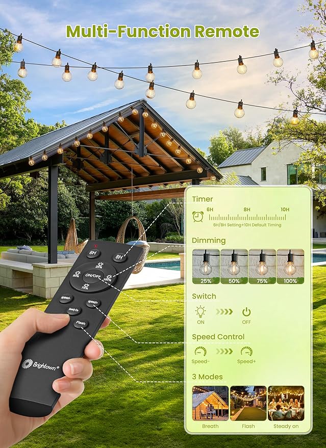 Brightown Solar String Lights Outdoor Waterproof with Remote Cable Ties and Hooks, 38FT Patio Lights with 15 LED Shatterproof Bulbs, 3 Light Modes, Dimmable Hanging Lights for Backyard Party Decor